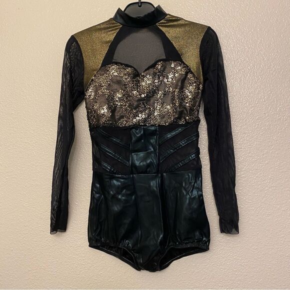 Dansco Dance Costume black gold unitard jumpsuit black mesh sequin Child LC - Picture 3 of 13
